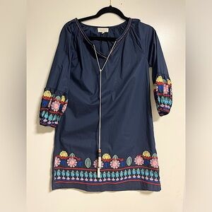 MelloDay Navy Embroidered Split Neck woman Dress extra Small